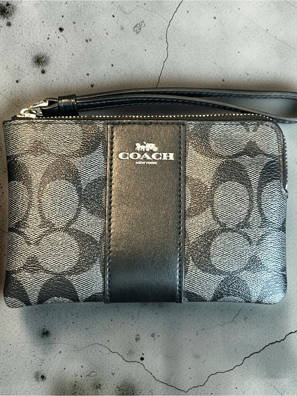 COACH Black Signature Canvas Wristlet with Leather Trim